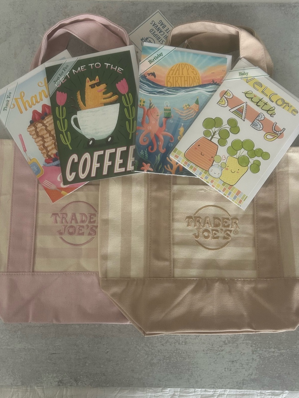Trader Joe's Rose Gold Striped Tote Bag - Pack of 2 & 4 cards